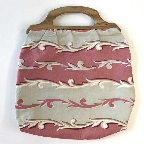 Vintage Knitting Sewing Bag Wooden Handles Hand Made Vat Prints Fabric 17”x19” - Picture 1 of 6